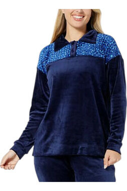 ComfortCode Plush Velour Knit Henley Polo Pullover Top Blue - Regular